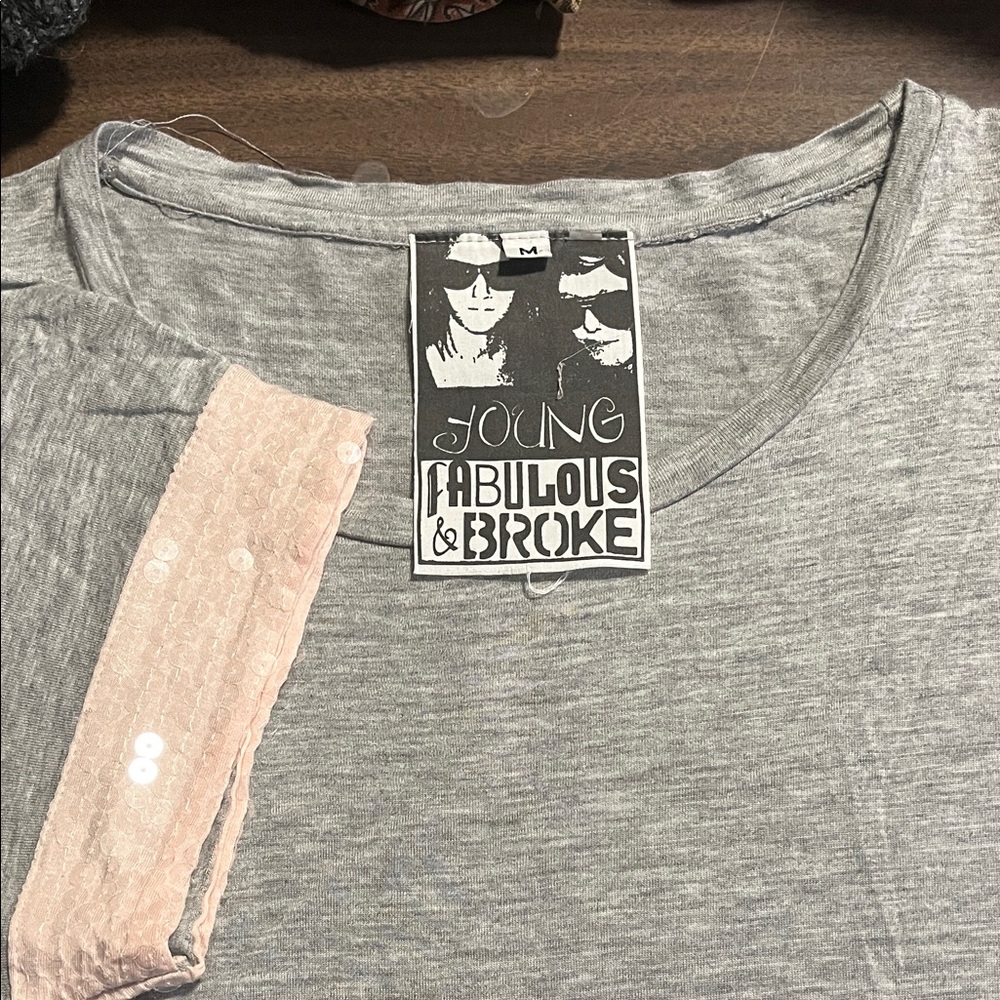 Young Fabulous & Broke Gray Tee with Pink Sequin Accent